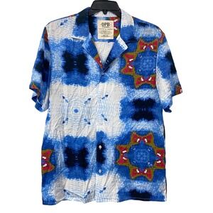 OPB Original Paperbacks Shirt Mens L Blue Button Up Geometric Rayon